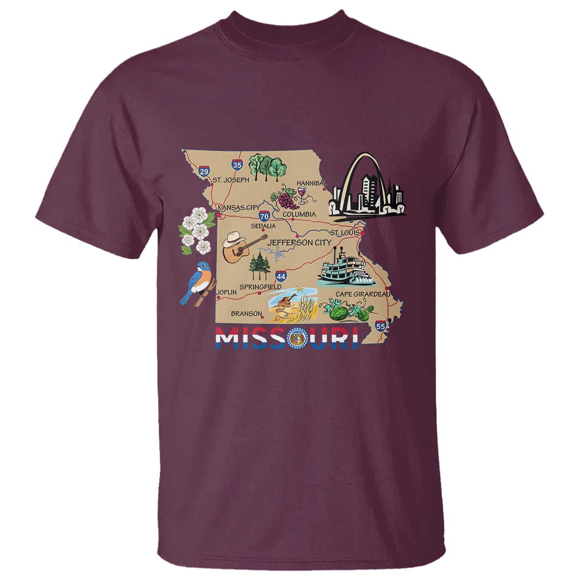 Missouri Map Landmarks Major Cities Roads Flag T Shirt
