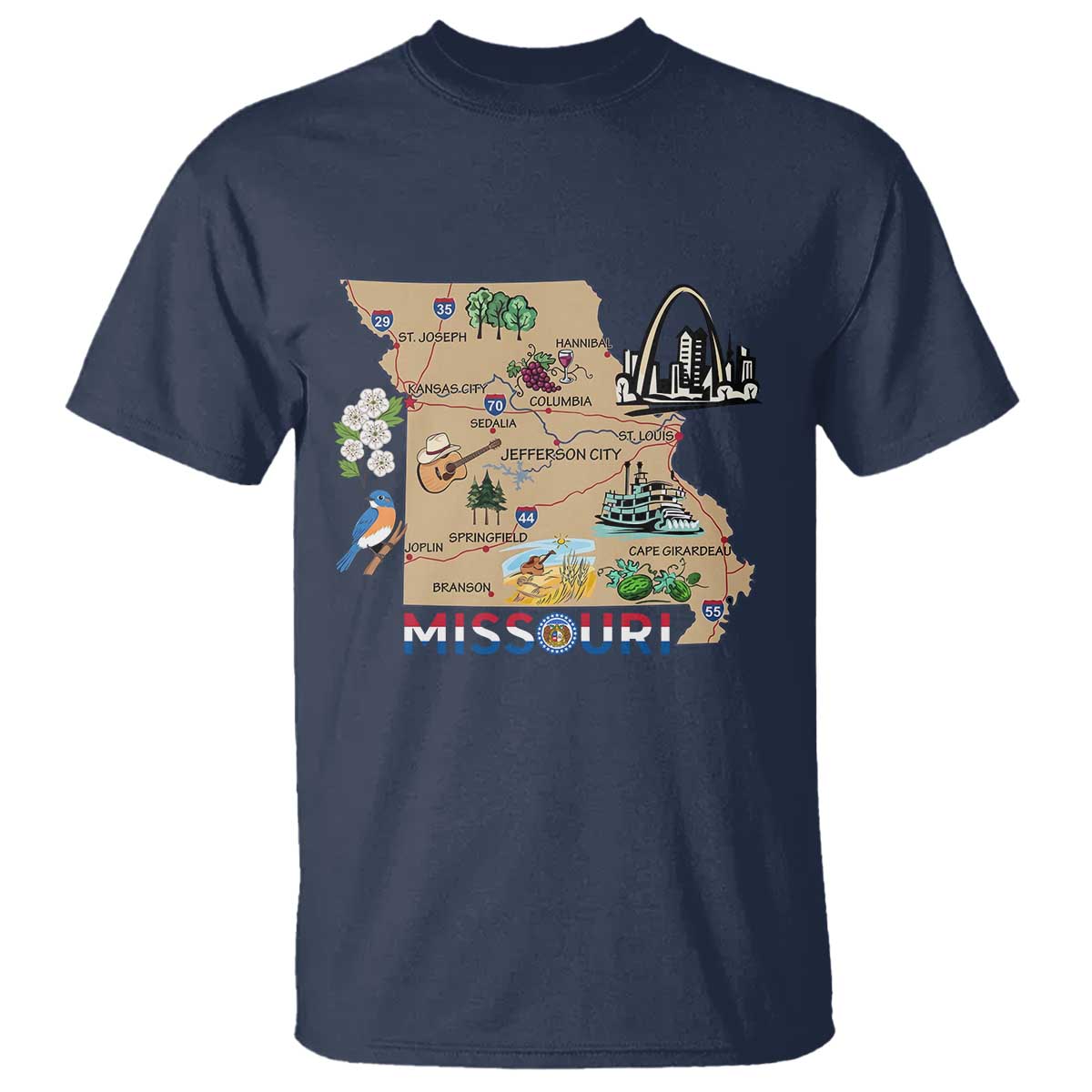 Missouri Map Landmarks Major Cities Roads Flag T Shirt