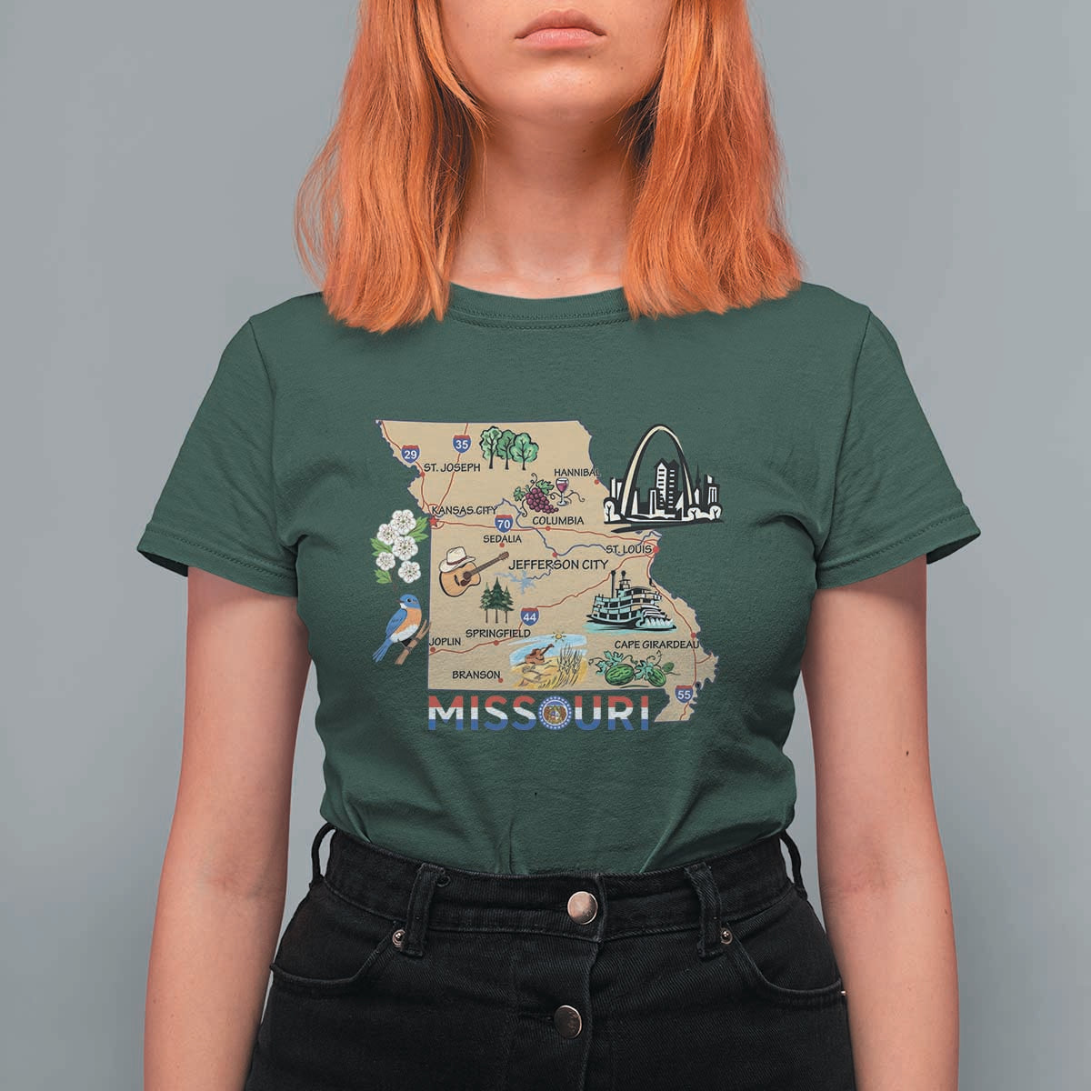 Missouri Map Landmarks Major Cities Roads Flag T Shirt For Women