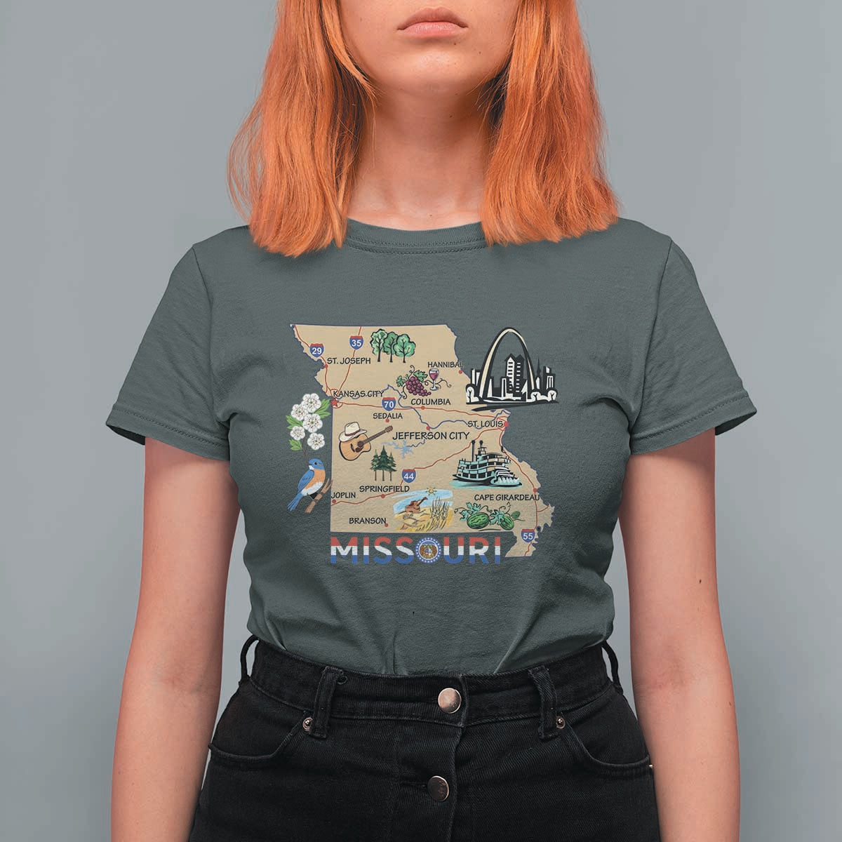 Missouri Map Landmarks Major Cities Roads Flag T Shirt For Women