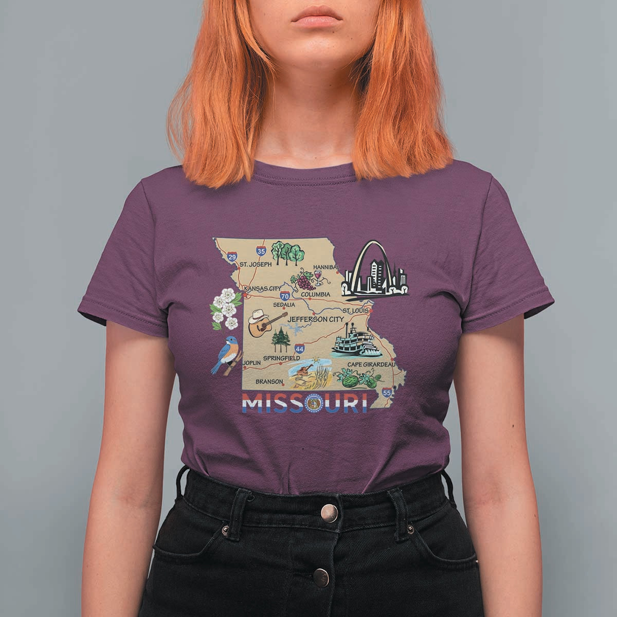 Missouri Map Landmarks Major Cities Roads Flag T Shirt For Women