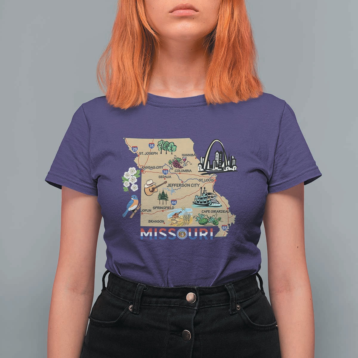 Missouri Map Landmarks Major Cities Roads Flag T Shirt For Women