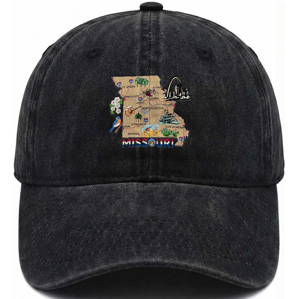 Missouri Map Landmarks Major Cities Roads Flag Washed Cotton Baseball Cap