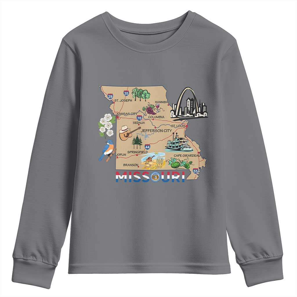Missouri Map Landmarks Major Cities Roads Flag Youth Sweatshirt
