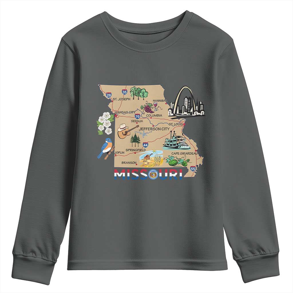Missouri Map Landmarks Major Cities Roads Flag Youth Sweatshirt