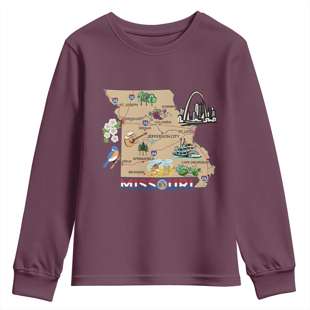 Missouri Map Landmarks Major Cities Roads Flag Youth Sweatshirt