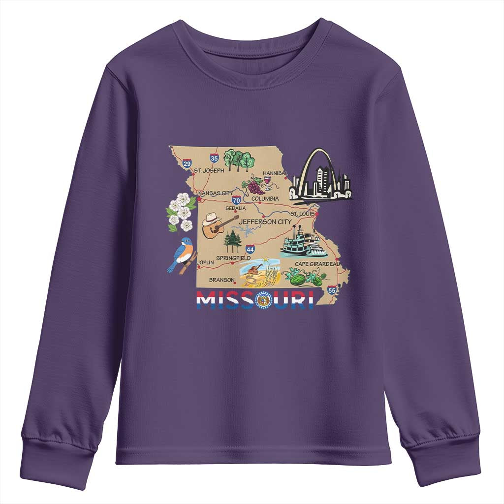 Missouri Map Landmarks Major Cities Roads Flag Youth Sweatshirt