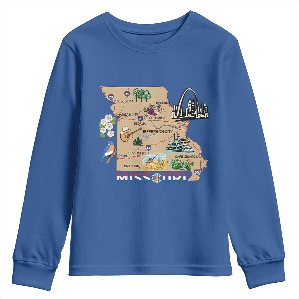 Missouri Map Landmarks Major Cities Roads Flag Youth Sweatshirt