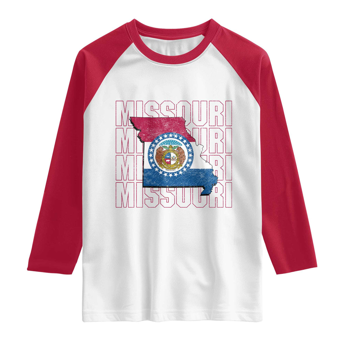 Missouri Flag Map State Distressed Raglan Shirt