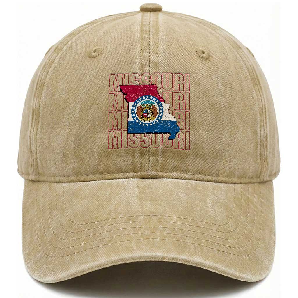 Missouri Flag Map State Distressed Washed Cotton Baseball Cap