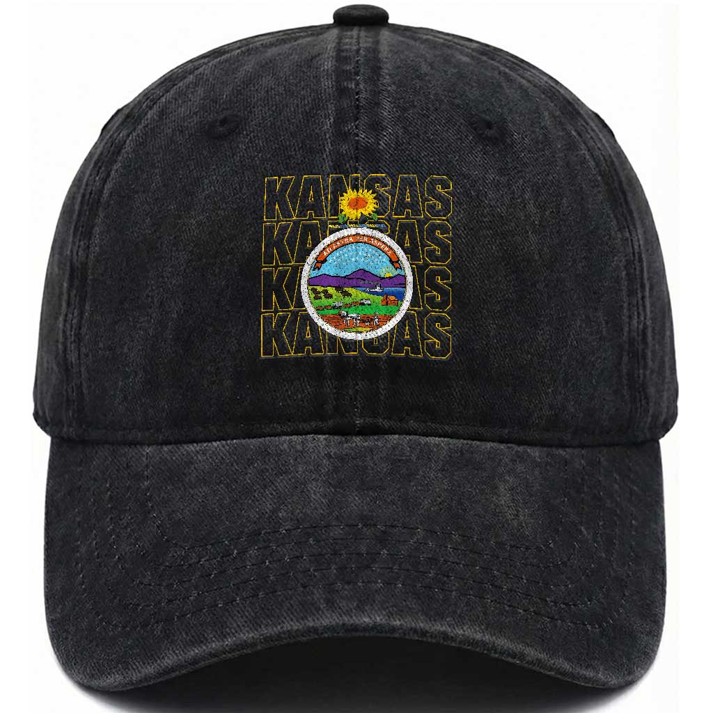 Retro Kansas Flag Vintage KS Souvenir Washed Cotton Baseball Cap
