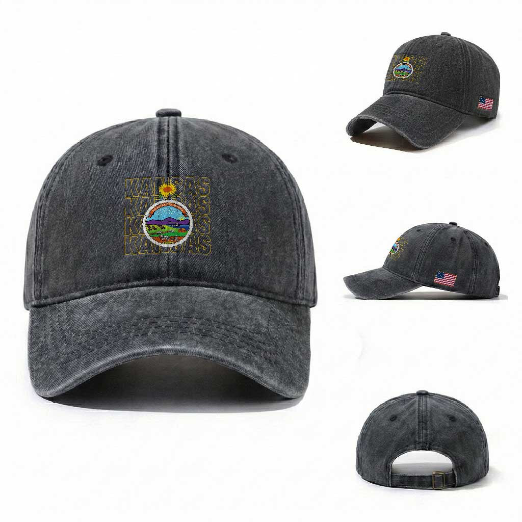 Retro Kansas Flag Vintage KS Souvenir Washed Cotton Baseball Cap