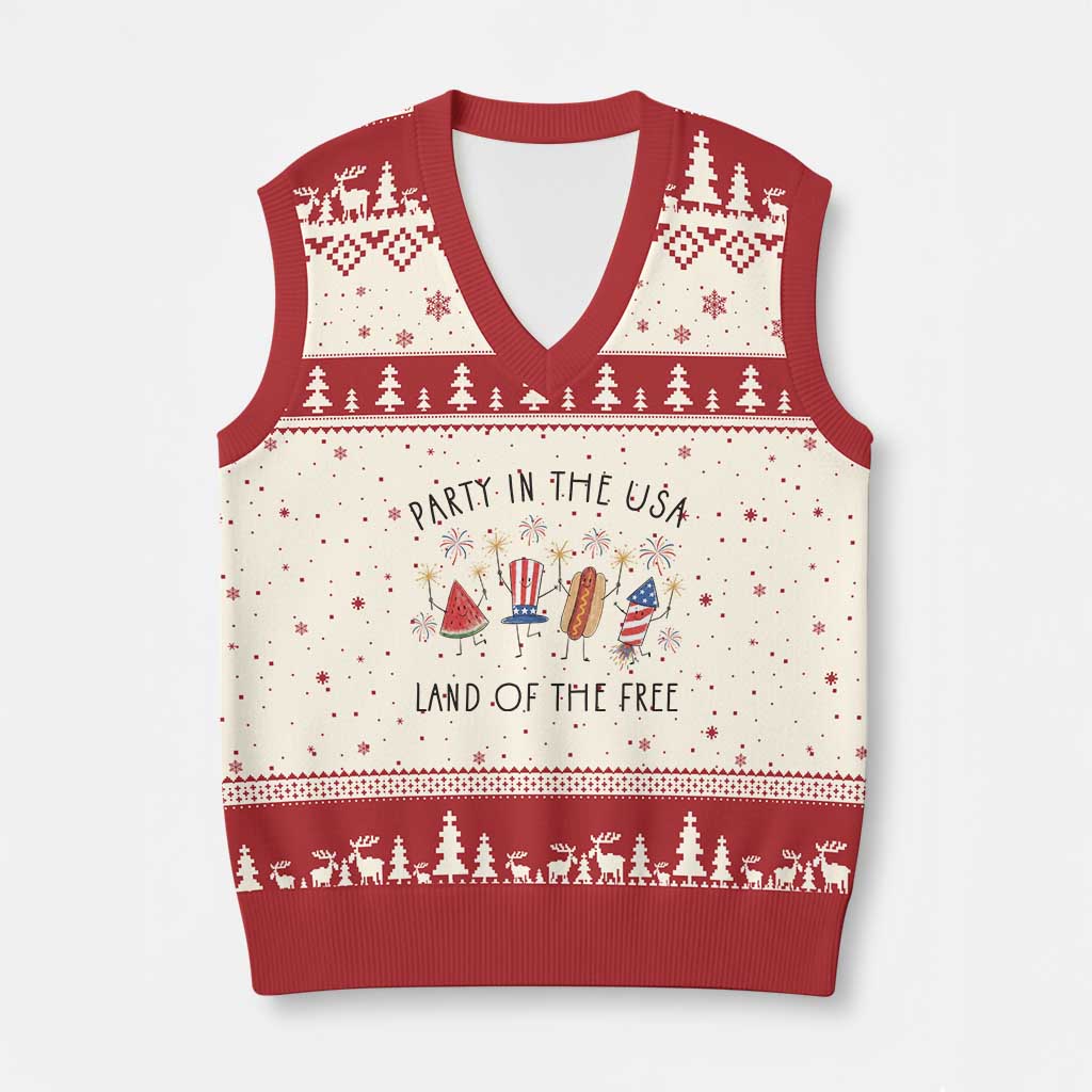Patriotic Doodle V-Neck Knit Sweater Vest Watermelon Hotdog Firework Cute Fourth of July