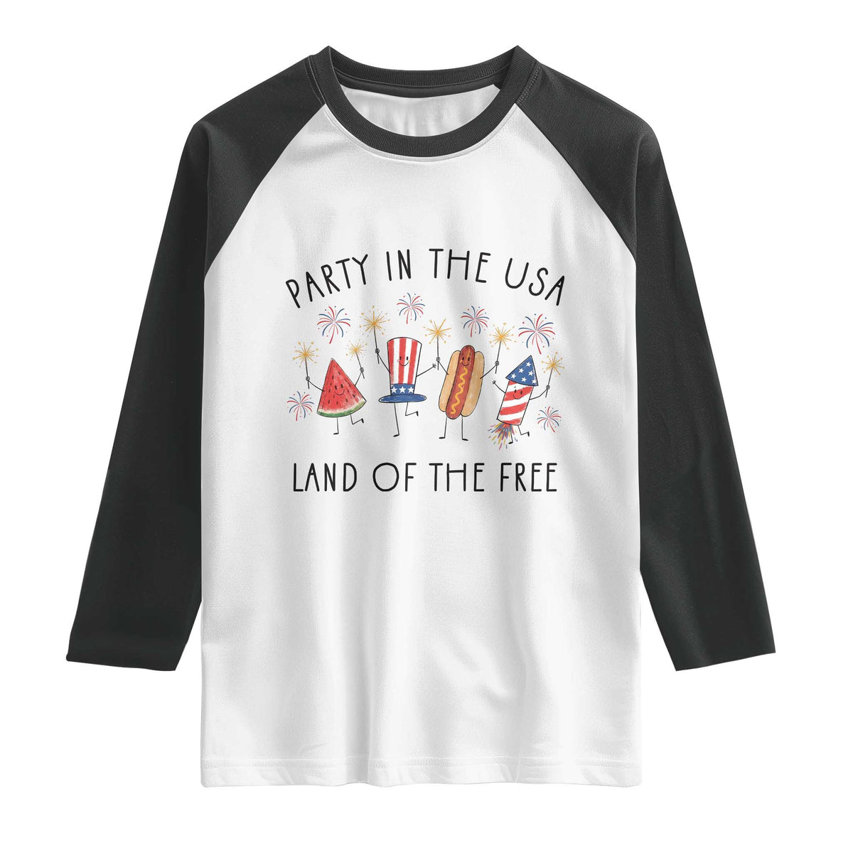 Patriotic Doodle Raglan Shirt Watermelon Hotdog Firework Cute Fourth of July