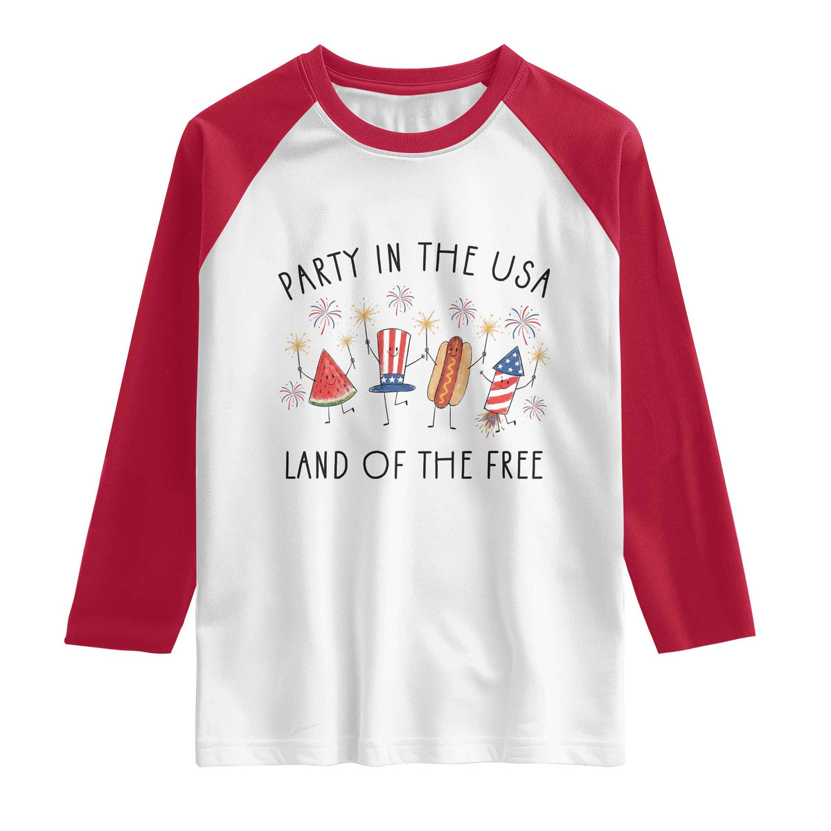 Patriotic Doodle Raglan Shirt Watermelon Hotdog Firework Cute Fourth of July