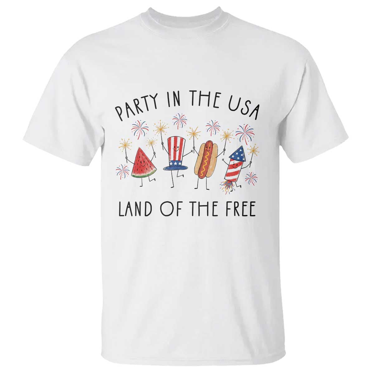 Patriotic Doodle T Shirt Watermelon Hotdog Firework Cute Fourth of July