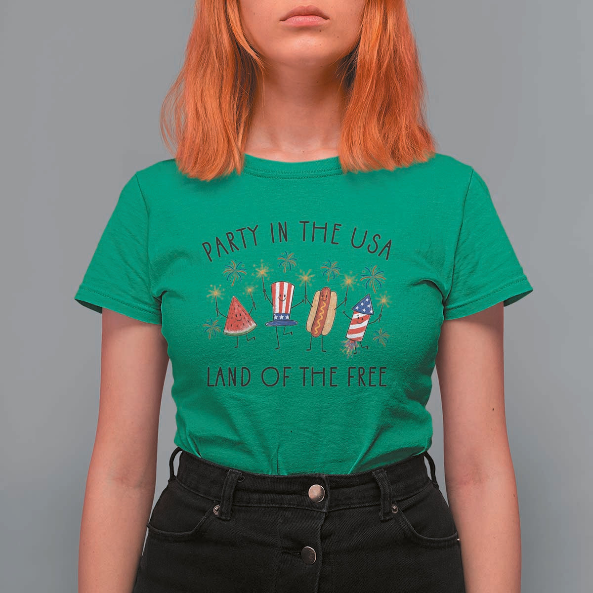 Patriotic Doodle T Shirt For Women Watermelon Hotdog Firework Cute Fourth of July