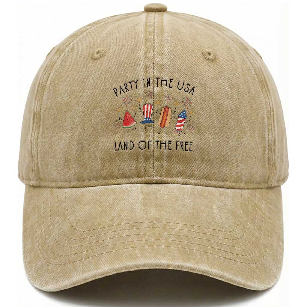 Patriotic Doodle Washed Cotton Baseball Cap Watermelon Hotdog Firework Cute Fourth of July