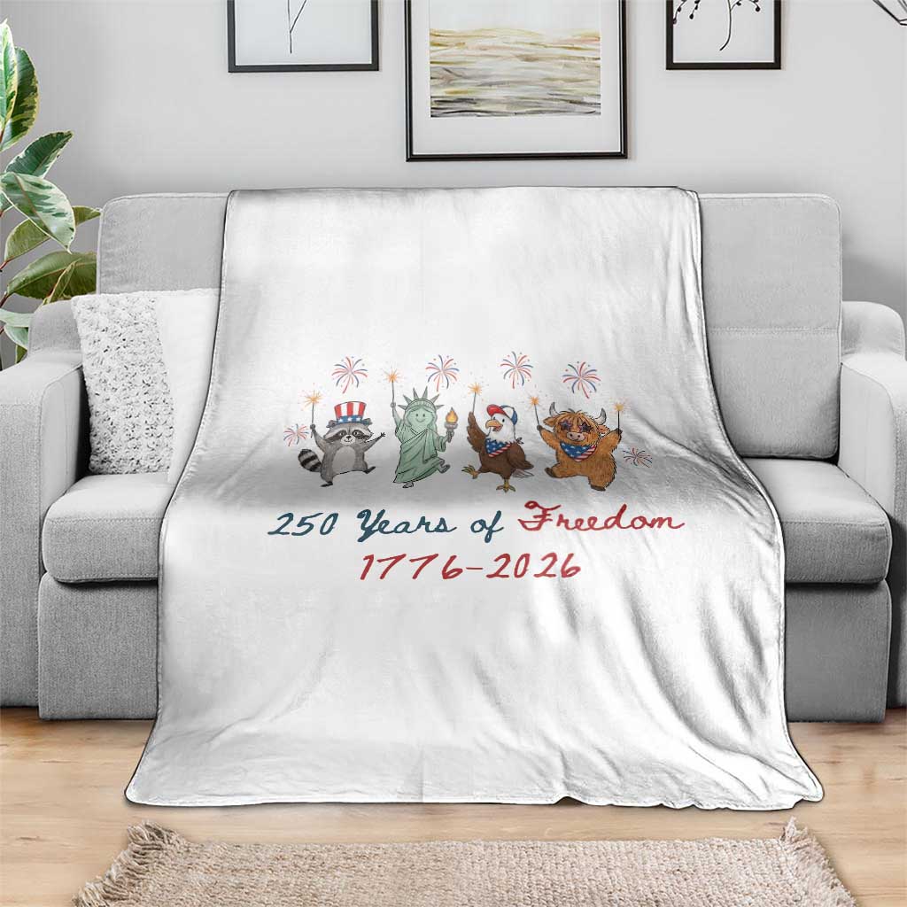 250 Years Of Freedom Throw Blanket Patriotic Doodle America Raccoon Goose Highland Cow 4th of July