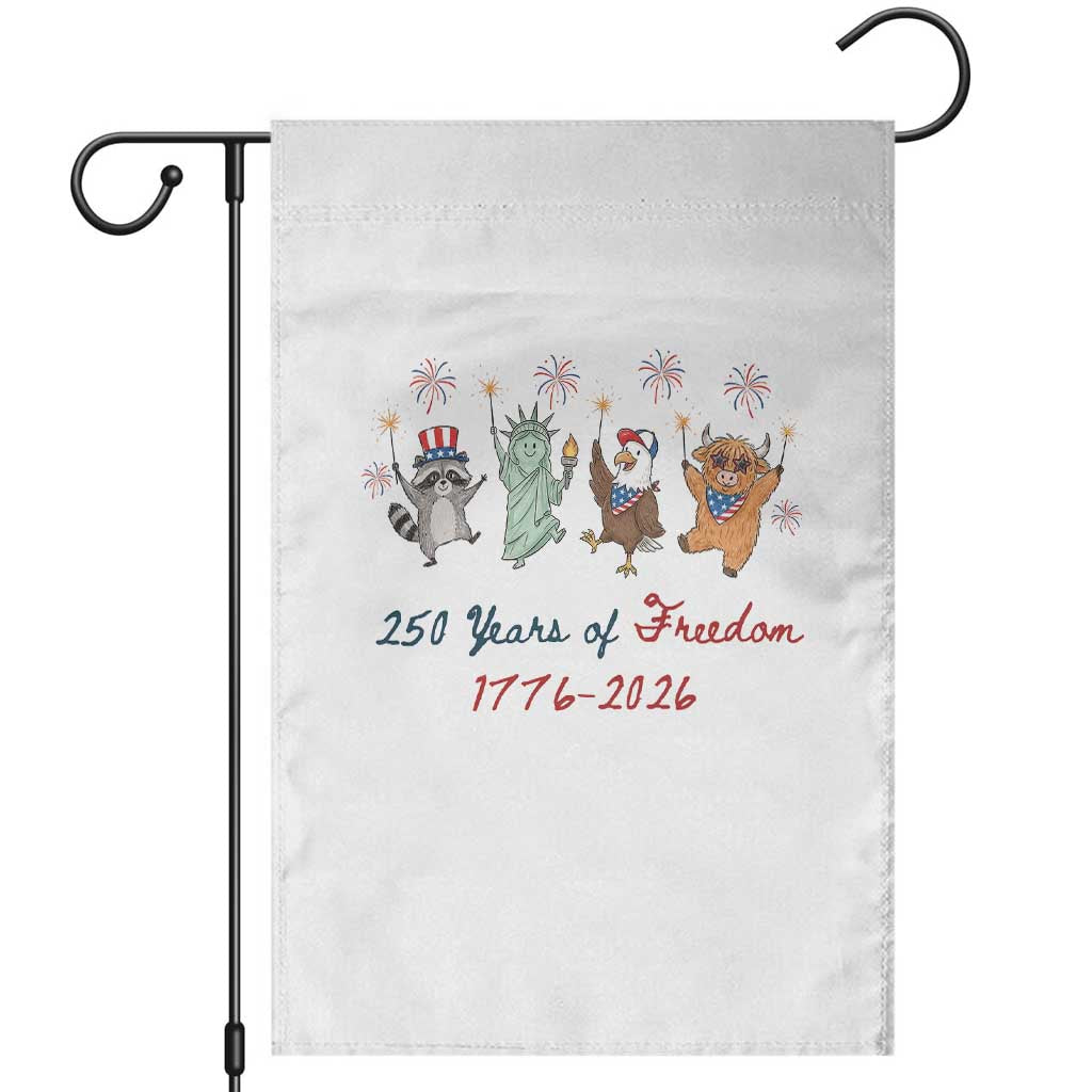 250 Years Of Freedom Garden Flag Patriotic Doodle America Raccoon Goose Highland Cow 4th of July