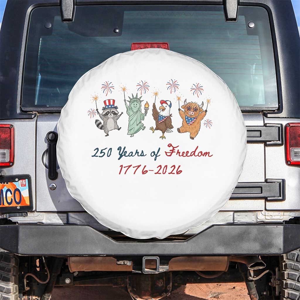 250 Years Of Freedom Spare Tire Cover Patriotic Doodle America Raccoon Goose Highland Cow 4th of July