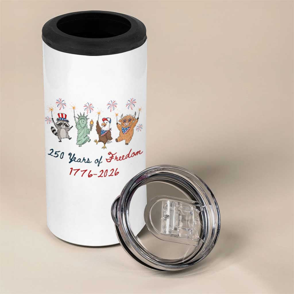 250 Years Of Freedom 4 in 1 Can Cooler Tumbler Patriotic Doodle America Raccoon Goose Highland Cow 4th of July