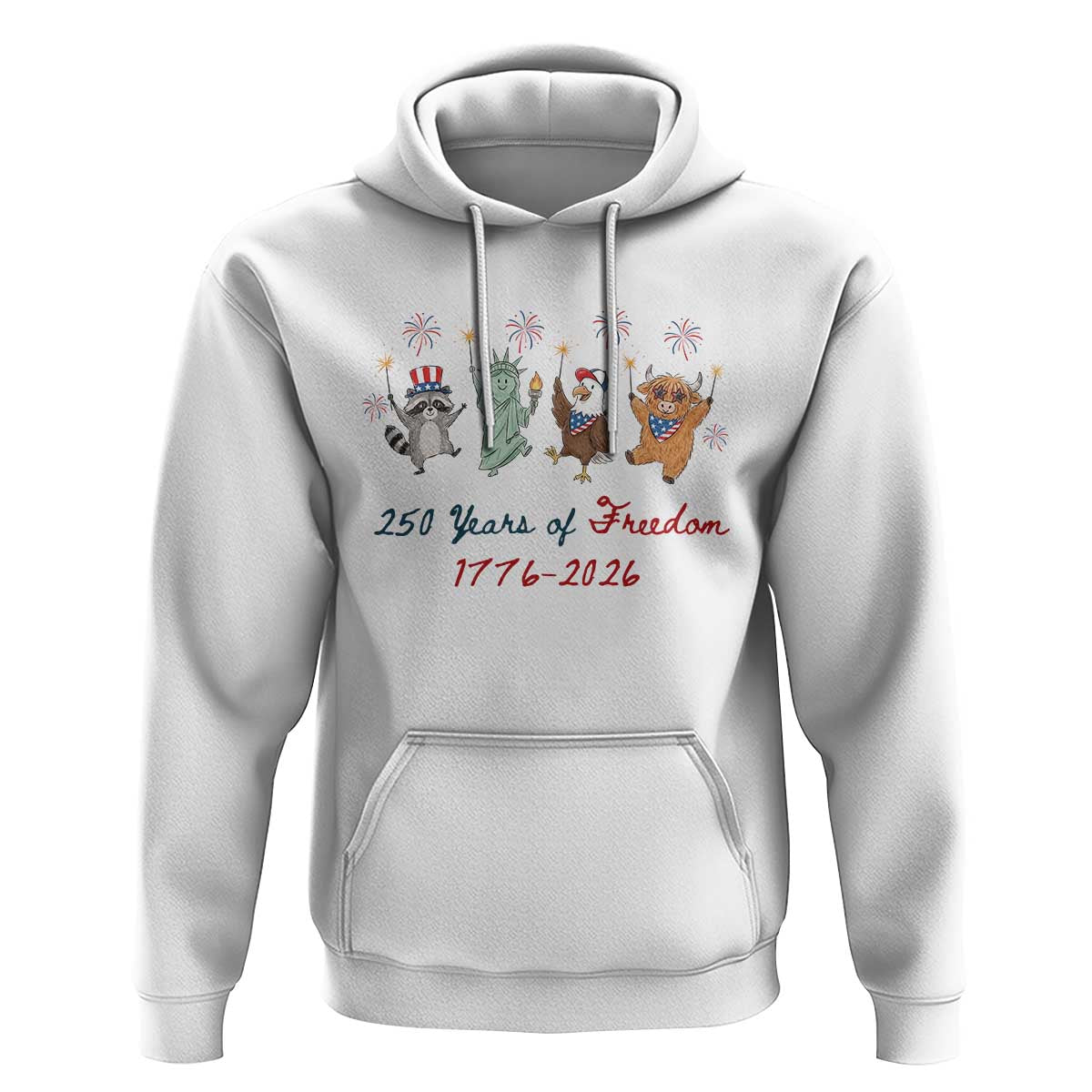 250 Years Of Freedom Hoodie Patriotic Doodle America Raccoon Goose Highland Cow 4th of July