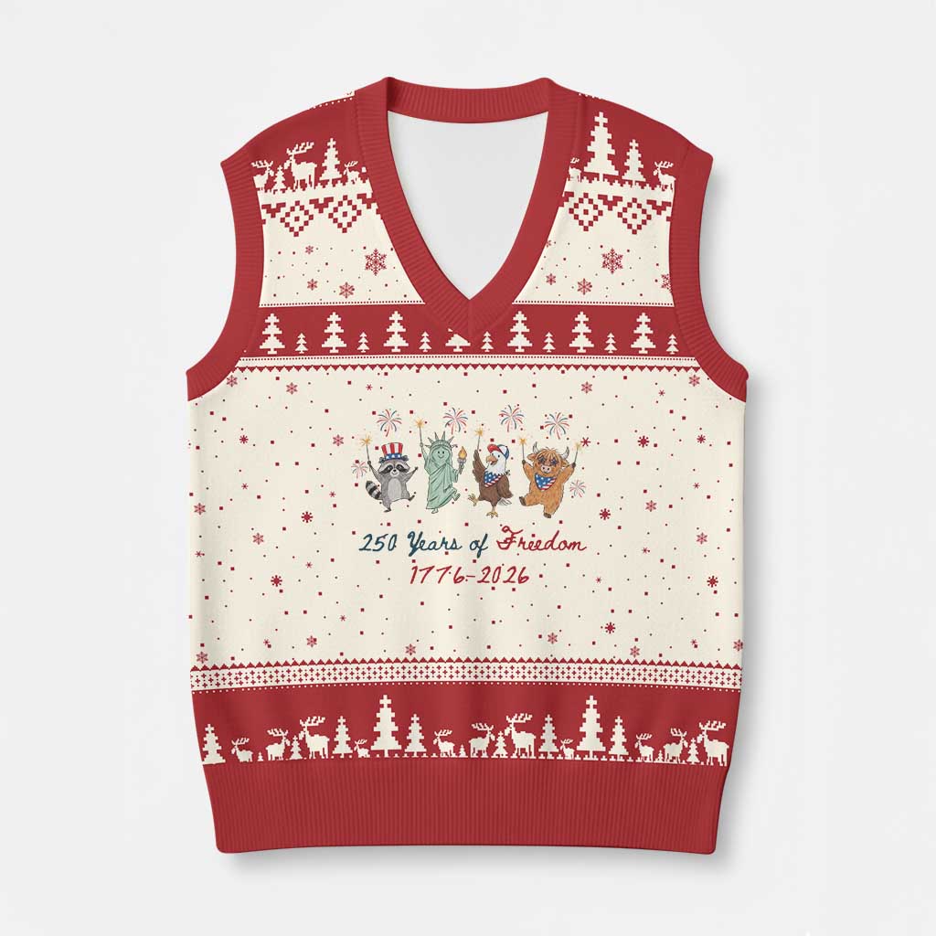 250 Years Of Freedom V-Neck Knit Sweater Vest Patriotic Doodle America Raccoon Goose Highland Cow 4th of July