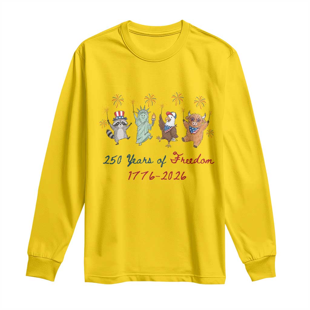 250 Years Of Freedom Long Sleeve Shirt Patriotic Doodle America Raccoon Goose Highland Cow 4th of July