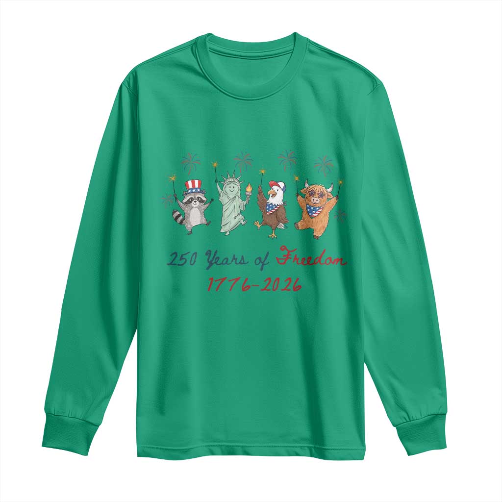 250 Years Of Freedom Long Sleeve Shirt Patriotic Doodle America Raccoon Goose Highland Cow 4th of July