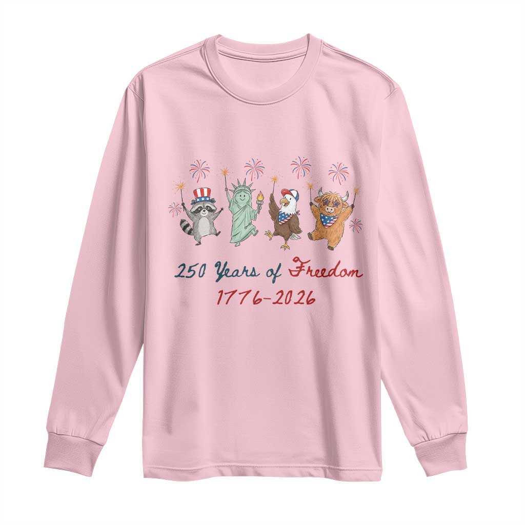 250 Years Of Freedom Long Sleeve Shirt Patriotic Doodle America Raccoon Goose Highland Cow 4th of July