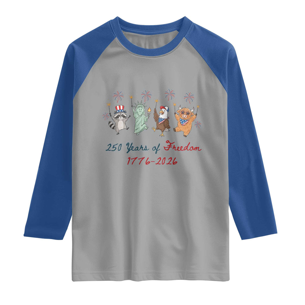 250 Years Of Freedom Raglan Shirt Patriotic Doodle America Raccoon Goose Highland Cow 4th of July