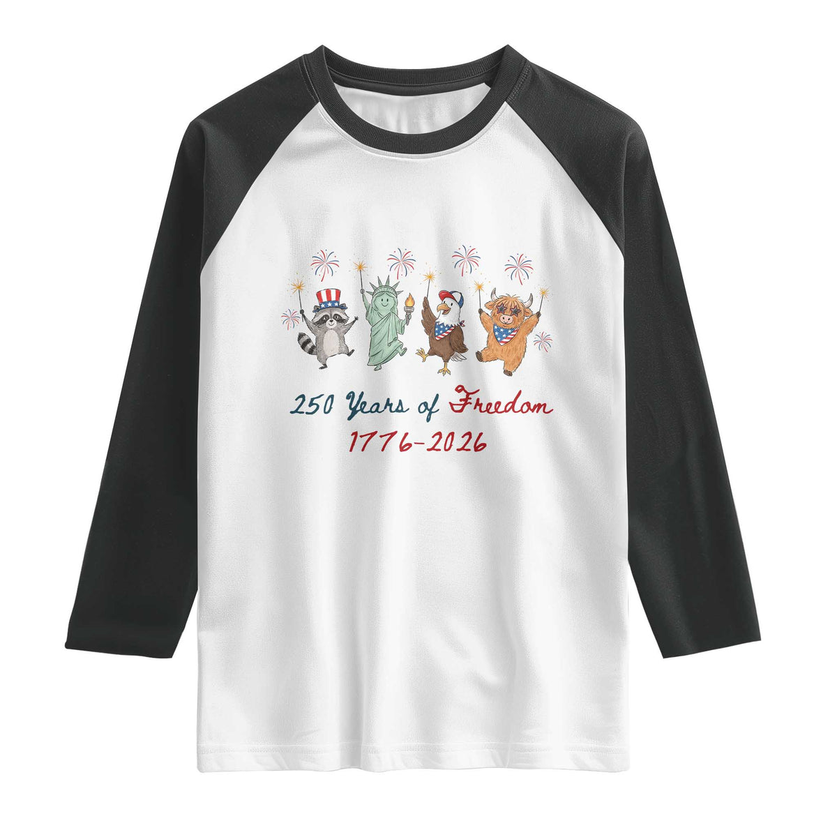 250 Years Of Freedom Raglan Shirt Patriotic Doodle America Raccoon Goose Highland Cow 4th of July