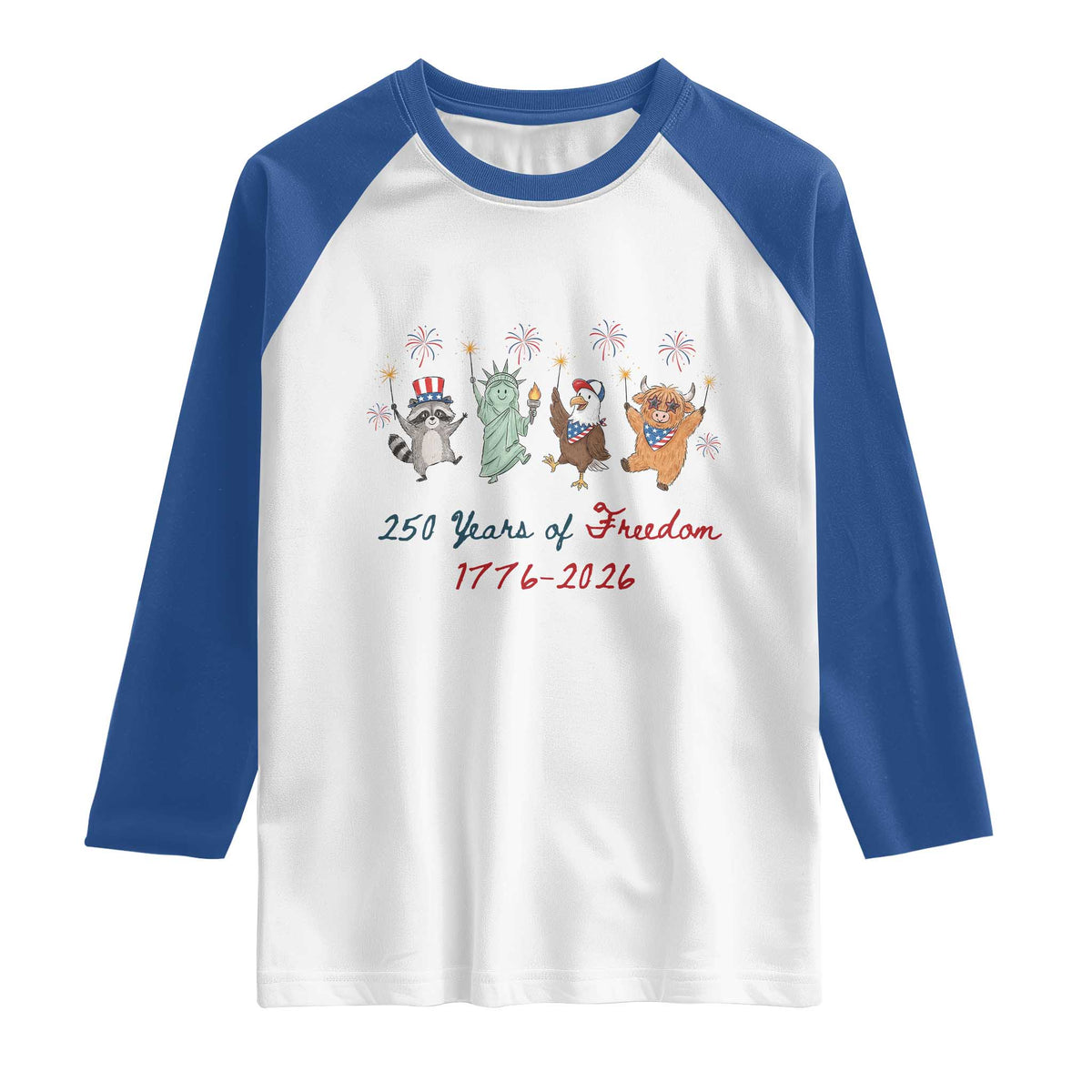 250 Years Of Freedom Raglan Shirt Patriotic Doodle America Raccoon Goose Highland Cow 4th of July