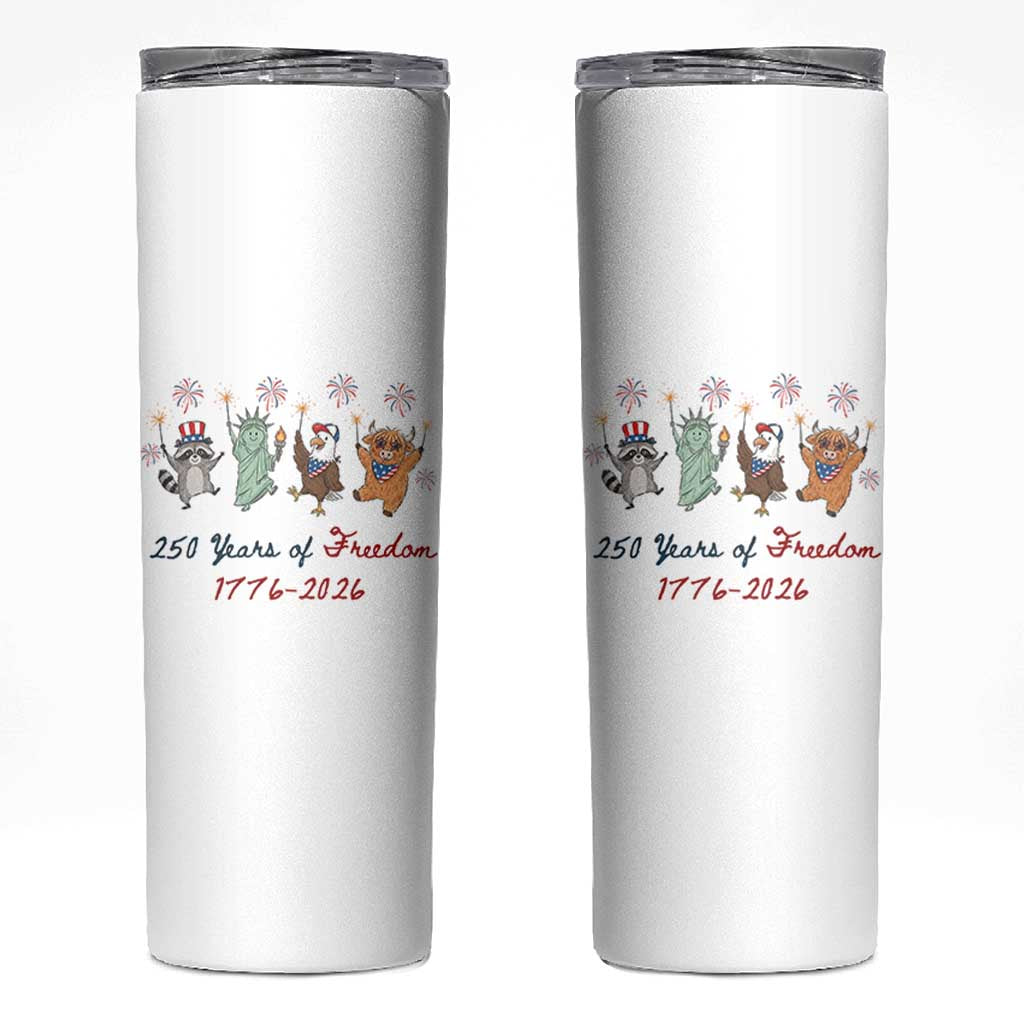 250 Years Of Freedom Skinny Tumbler Patriotic Doodle America Raccoon Goose Highland Cow 4th of July