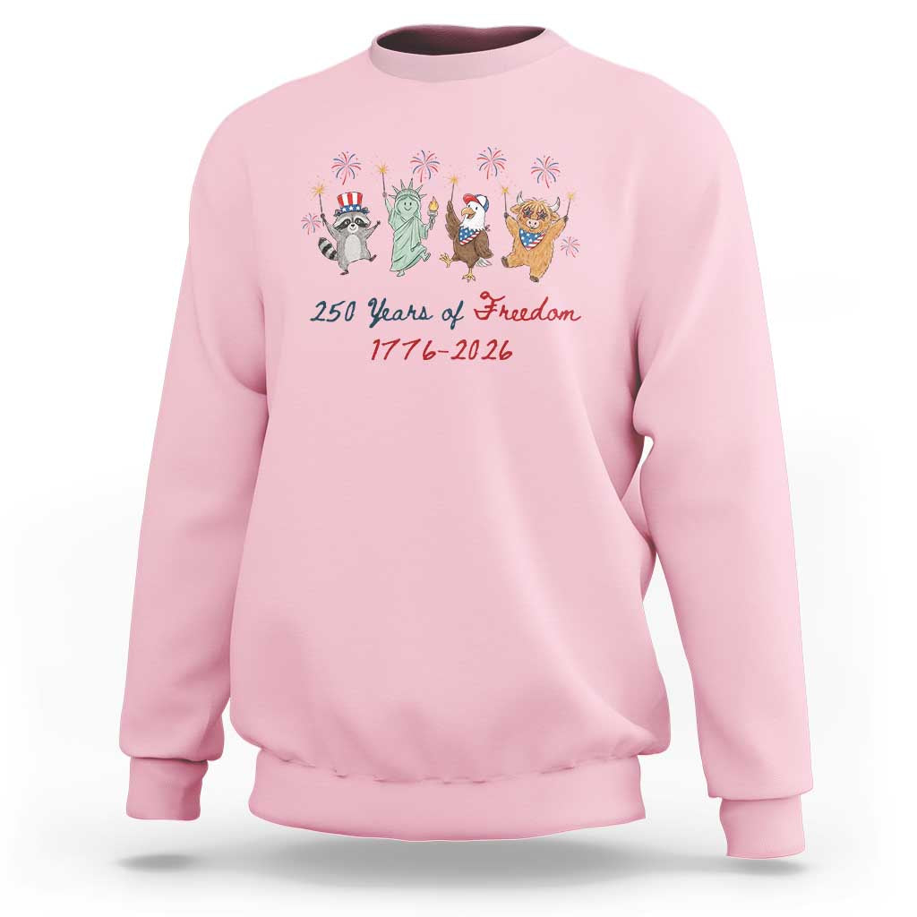 250 Years Of Freedom Sweatshirt Patriotic Doodle America Raccoon Goose Highland Cow 4th of July