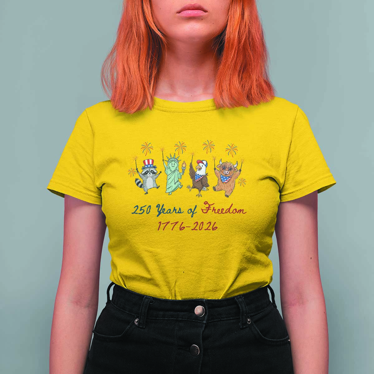 250 Years Of Freedom T Shirt For Women Patriotic Doodle America Raccoon Goose Highland Cow 4th of July