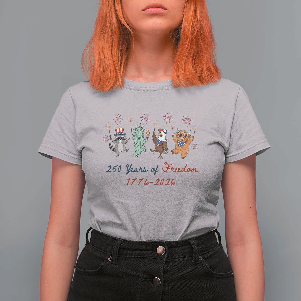 250 Years Of Freedom T Shirt For Women Patriotic Doodle America Raccoon Goose Highland Cow 4th of July