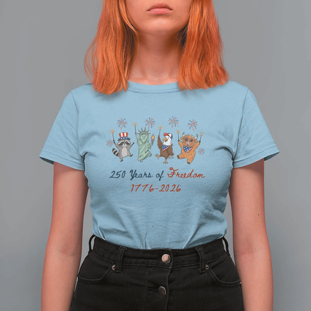 250 Years Of Freedom T Shirt For Women Patriotic Doodle America Raccoon Goose Highland Cow 4th of July