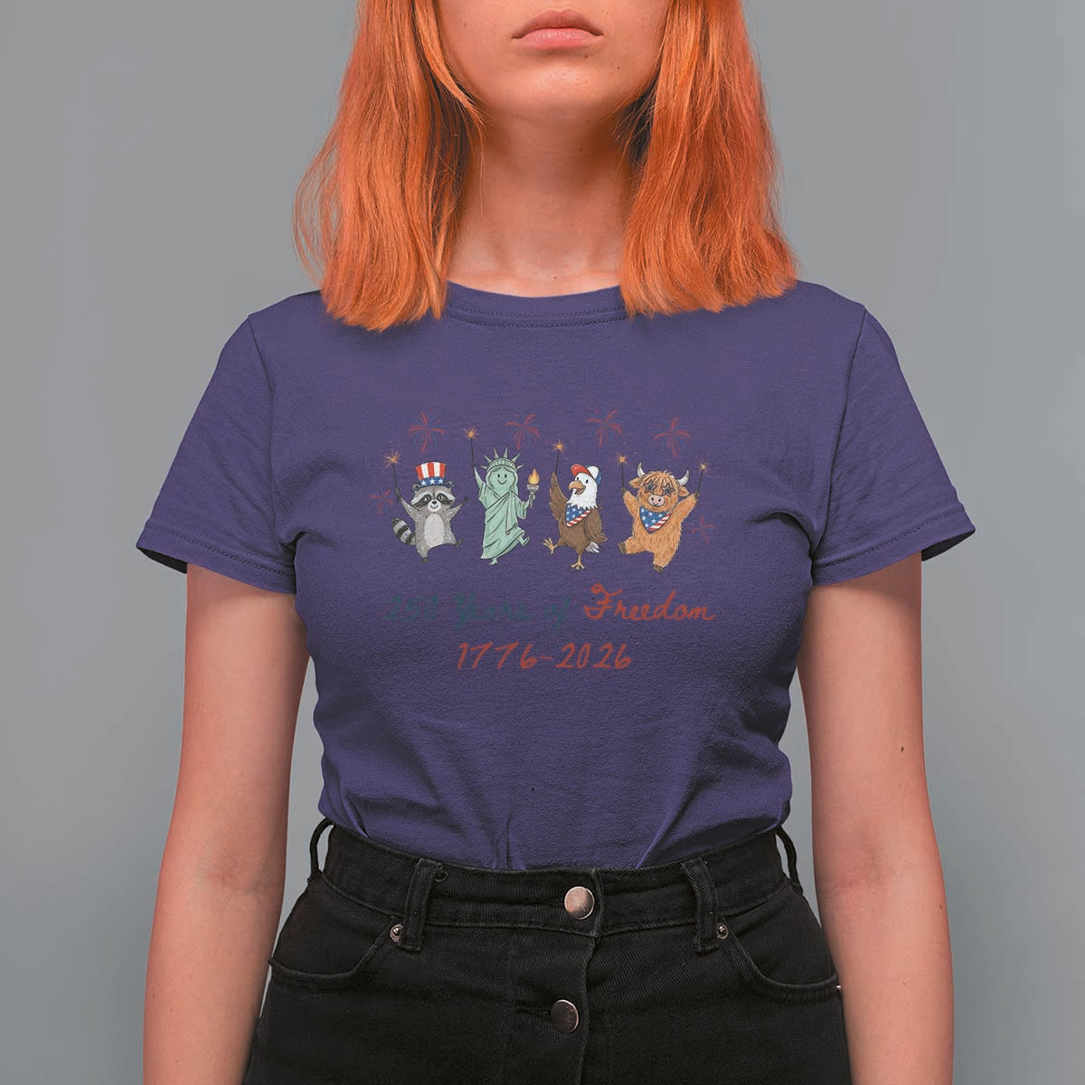 250 Years Of Freedom T Shirt For Women Patriotic Doodle America Raccoon Goose Highland Cow 4th of July