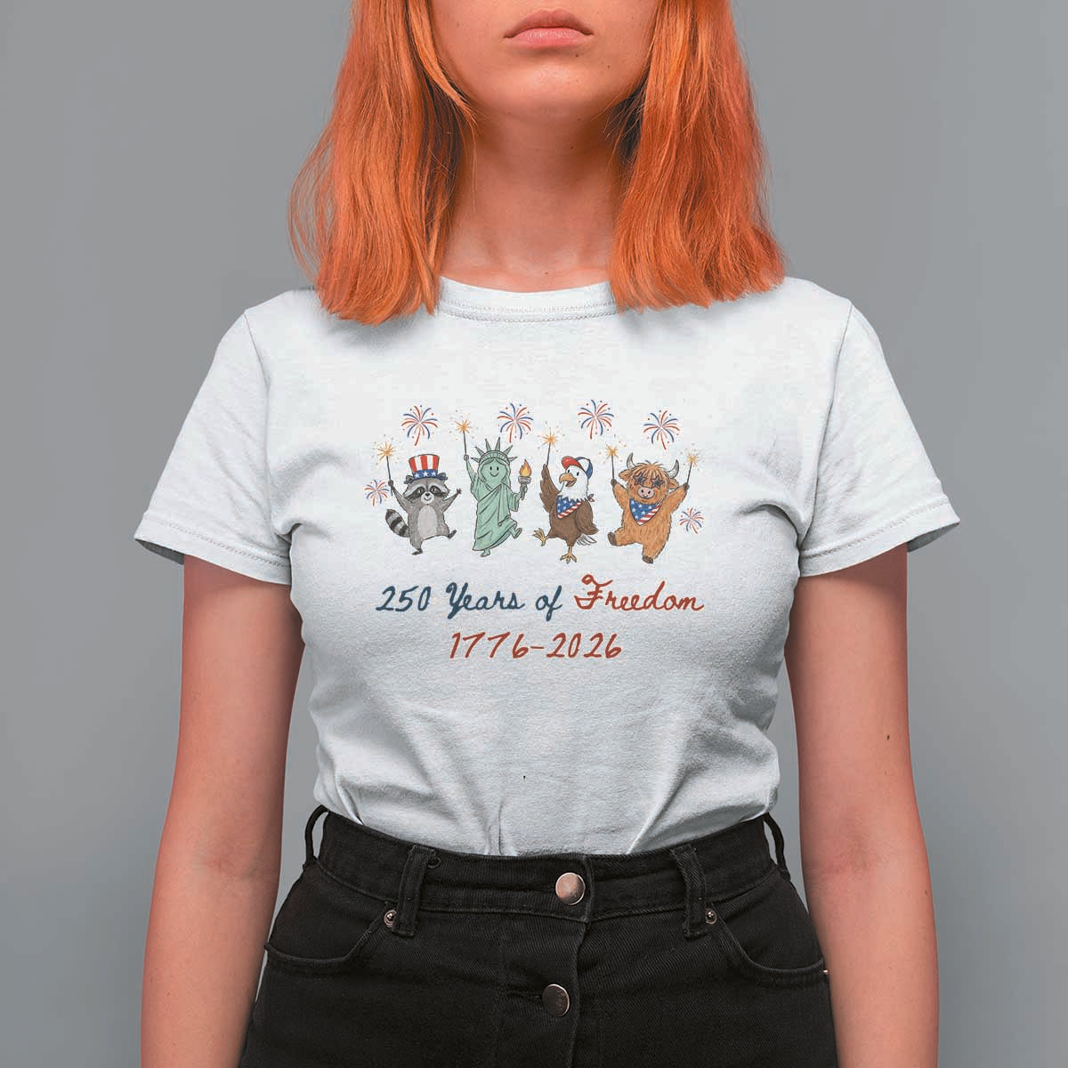 250 Years Of Freedom T Shirt For Women Patriotic Doodle America Raccoon Goose Highland Cow 4th of July