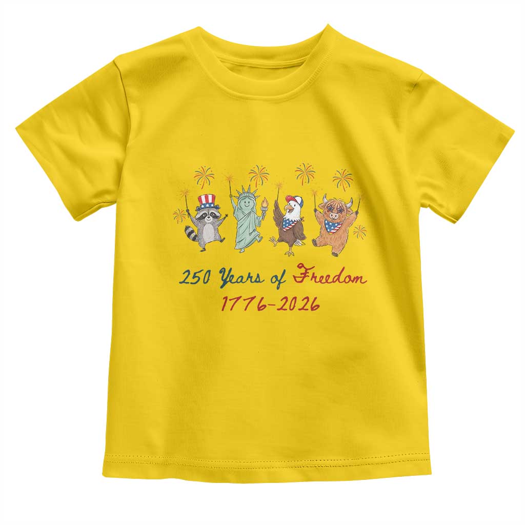 250 Years Of Freedom Toddler T Shirt Patriotic Doodle America Raccoon Goose Highland Cow 4th of July