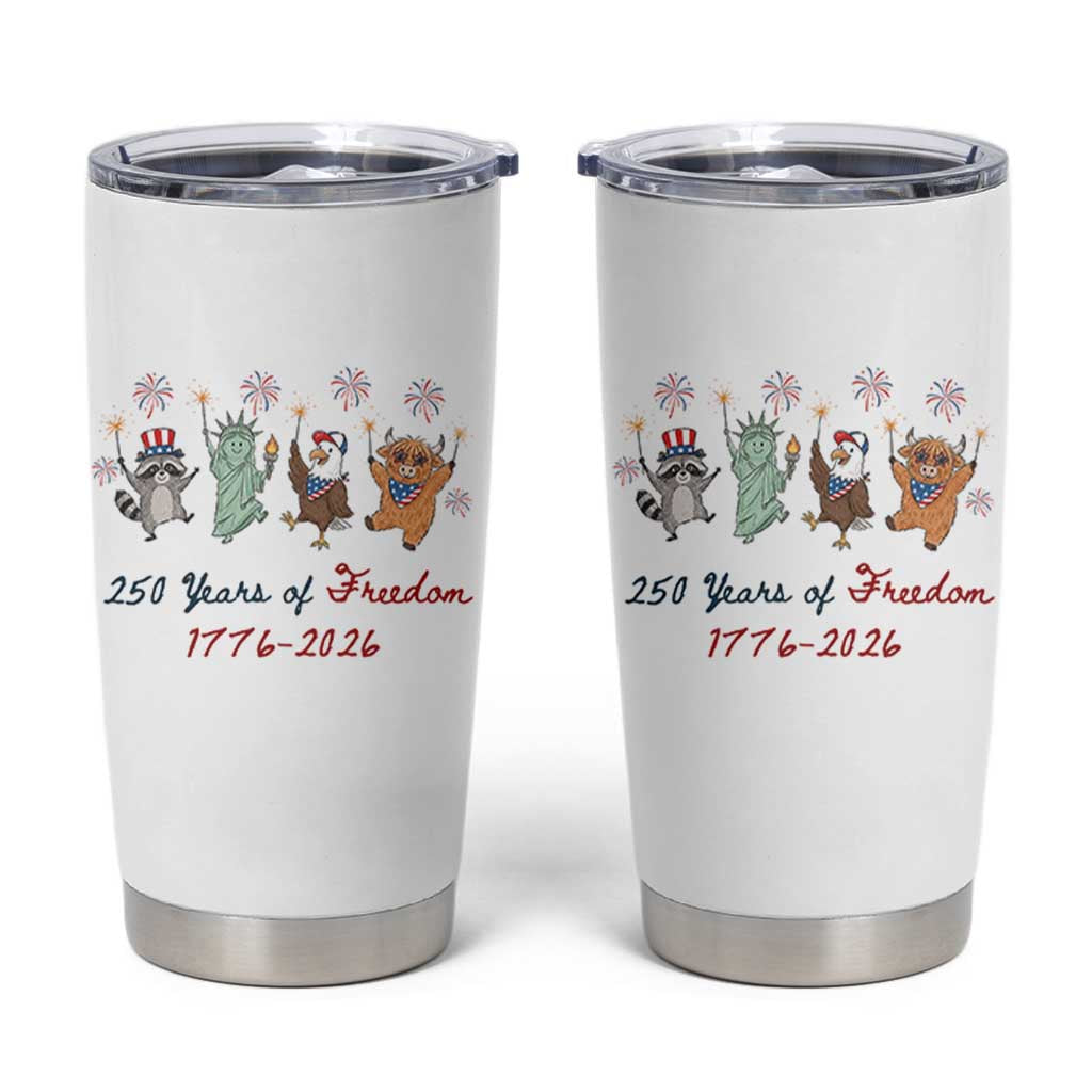 250 Years Of Freedom Tumbler Cup Patriotic Doodle America Raccoon Goose Highland Cow 4th of July