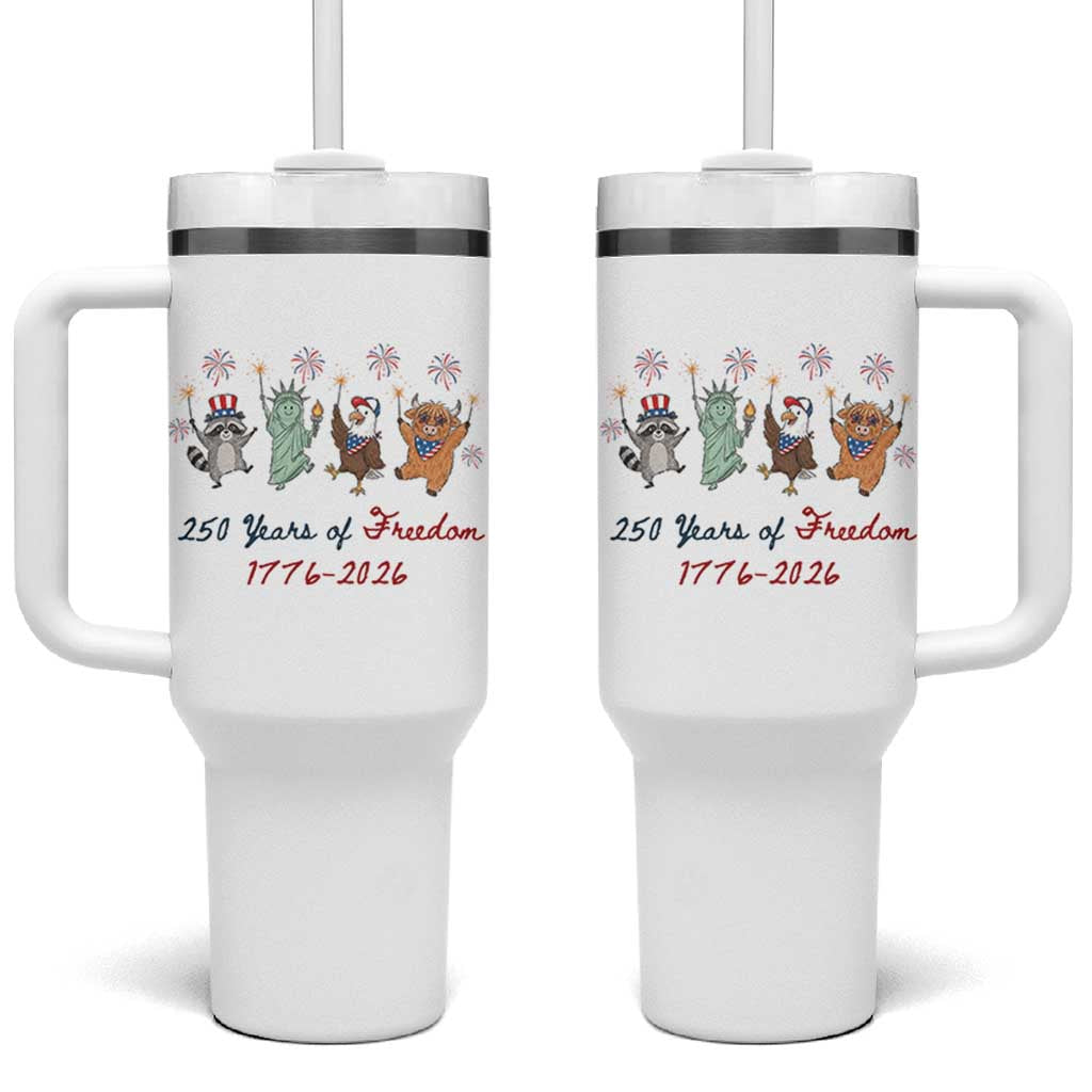 250 Years Of Freedom Tumbler With Handle Patriotic Doodle America Raccoon Goose Highland Cow 4th of July