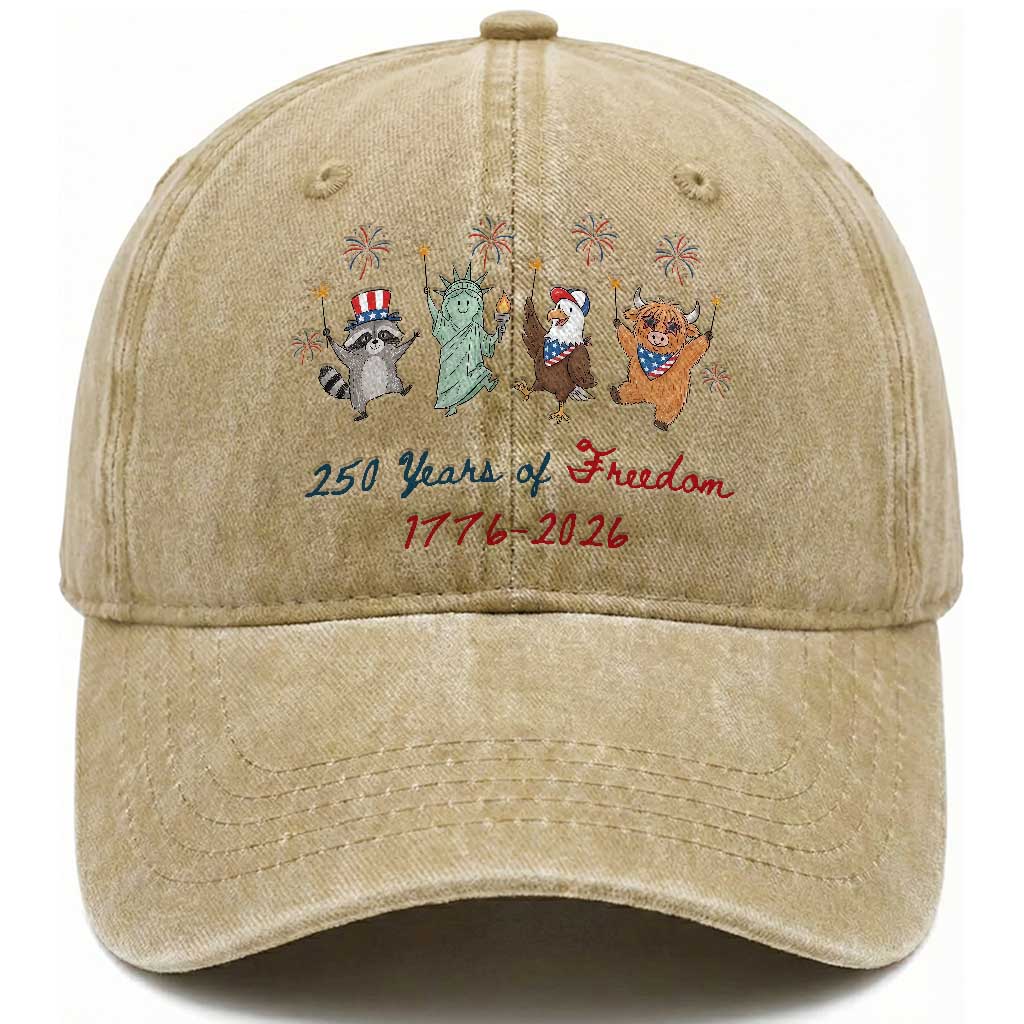 250 Years Of Freedom Washed Cotton Baseball Cap Patriotic Doodle America Raccoon Goose Highland Cow 4th of July