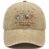 250 Years Of Freedom Washed Cotton Baseball Cap Patriotic Doodle America Raccoon Goose Highland Cow 4th of July