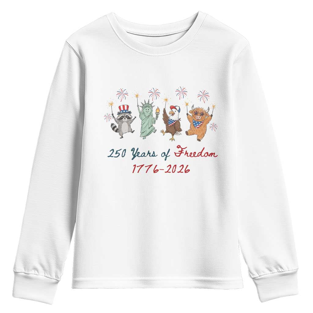 250 Years Of Freedom Youth Sweatshirt Patriotic Doodle America Raccoon Goose Highland Cow 4th of July