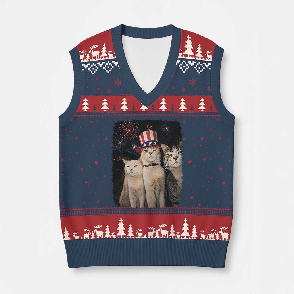 Patriotic Smoking Cat V-Neck Knit Sweater Vest Funny American Cat Lover 4th of July