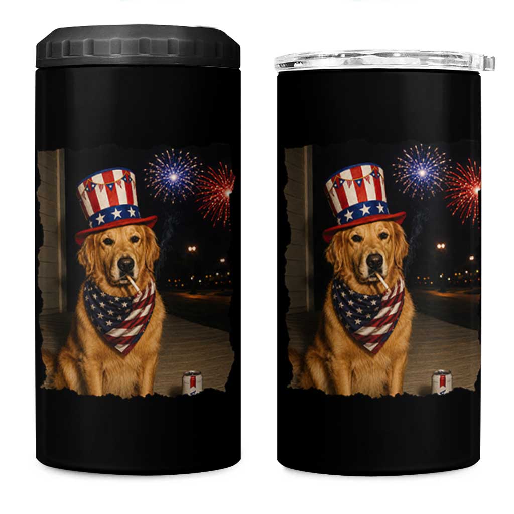 Patriotic Smoking Golden Retriever 4 in 1 Can Cooler Tumbler Funny Dog Lover Dad 4th Of July