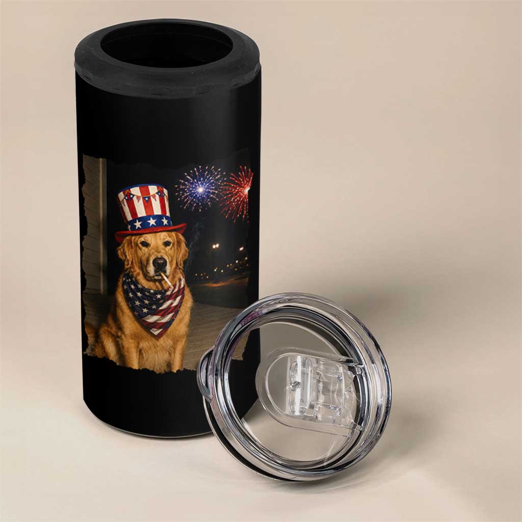 Patriotic Smoking Golden Retriever 4 in 1 Can Cooler Tumbler Funny Dog Lover Dad 4th Of July